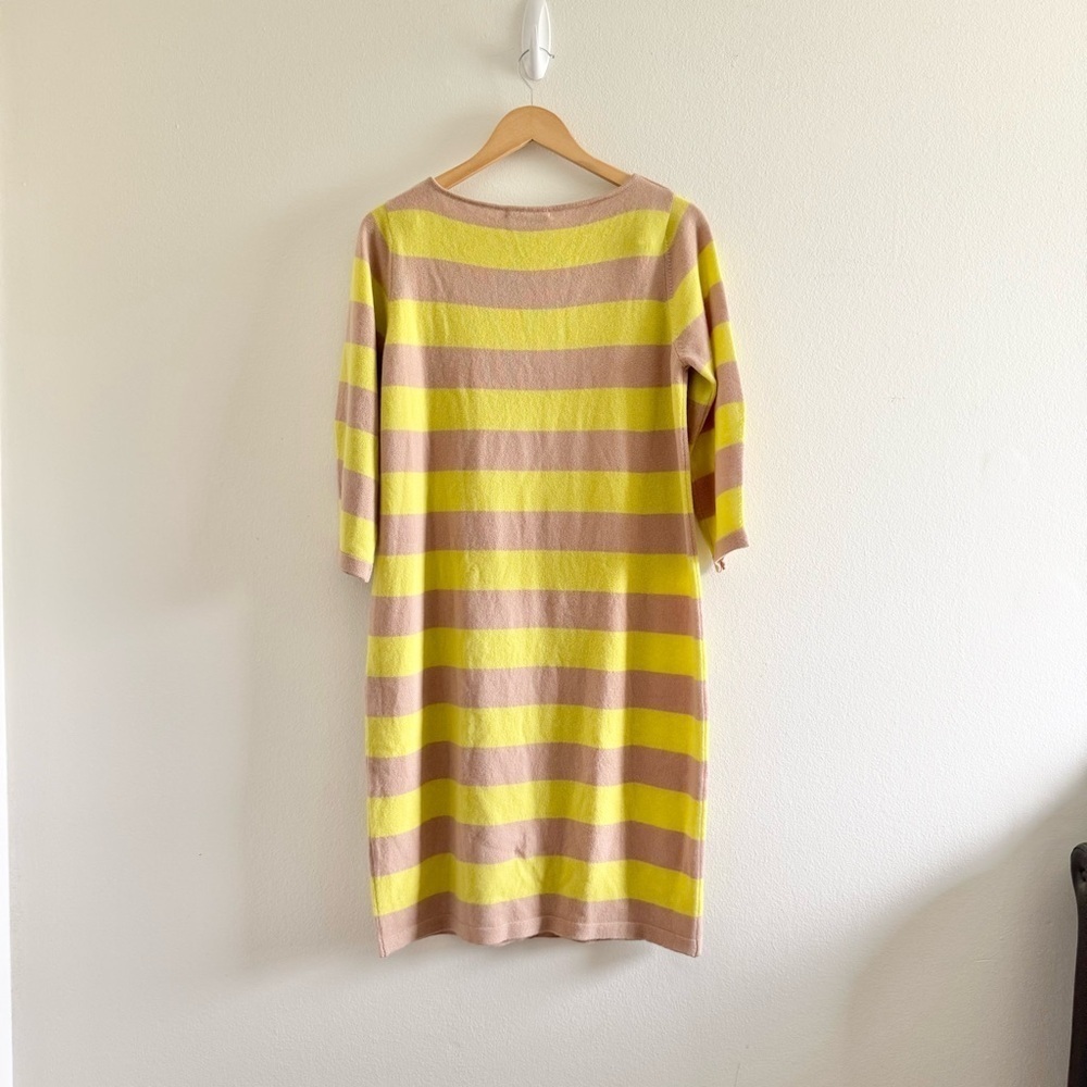 NWT Gobi Mongolian Cashmere Striped Yellow Tan Sweater Dress size Large - Picture 12 of 14